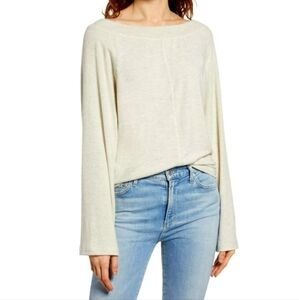 Treasure & Bond Oatmeal Beige Ribbed Knit Wide Neck Off The Shoulder Sweater Top